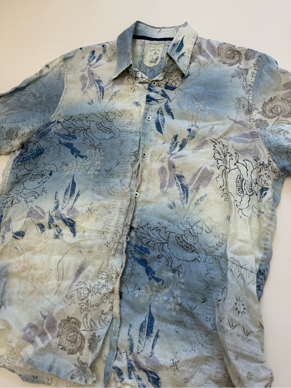 Indigo Palms Tommy Bahama Mens XL Linen Shirt Short Sleeve Patchwork Floral Blue